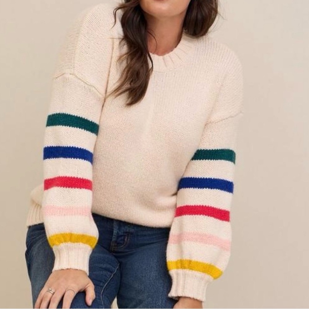 Rainbow Stripe Sleeve Cream Knit Sweater | Anthropologie Inspired Cozy Pullover